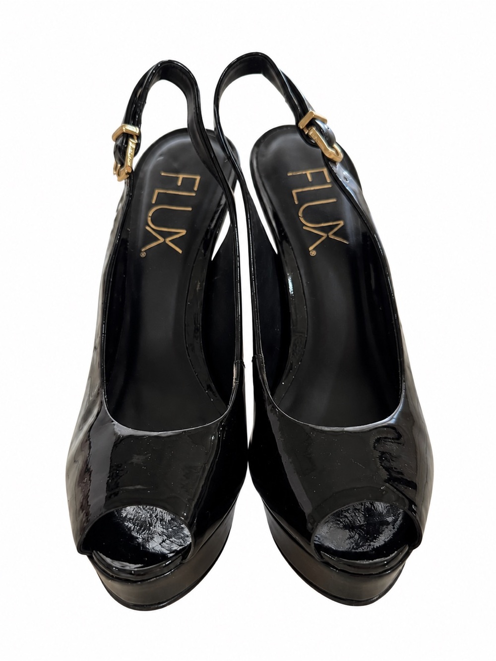 FLUX Black Patent Peep-Toe Slingback Mules with Gold Buckle